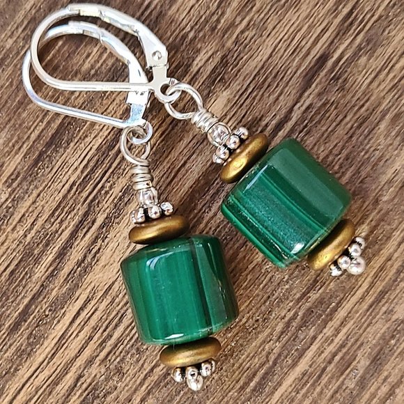 Green Malachite Earrings Genuine Sterling Silver Leverbacks - Picture 5 of 10